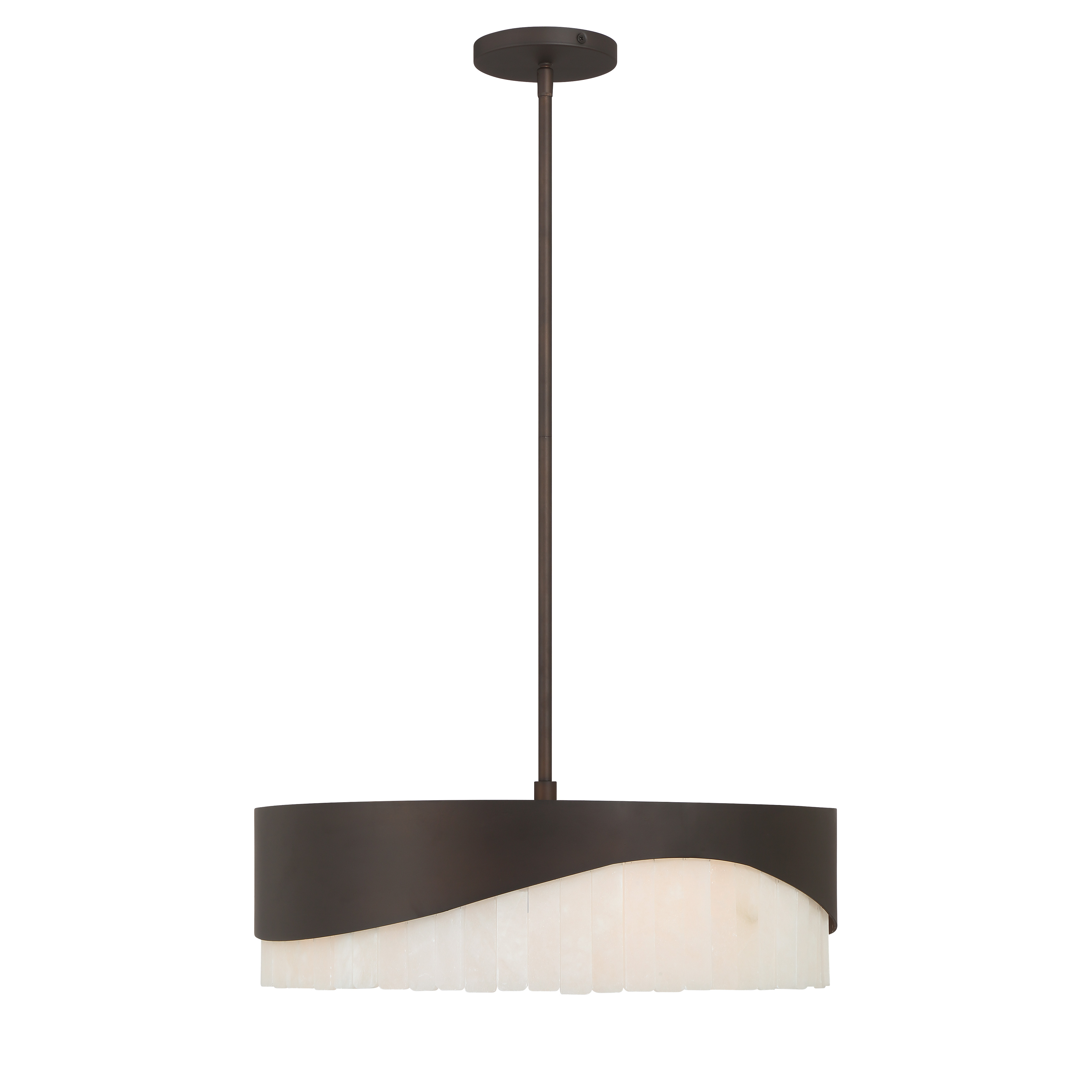 The Sway pendant combines dark bronze metalwork with natural alabaster stone shades, creating a sophisticated transitional fixture. Its 20-inch width and 4-light configuration provide excellent illumination for medium-sized spaces. - alternate view