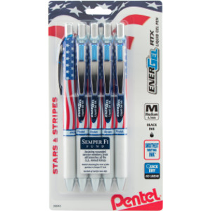 EnerGel RTX Retractable Liquid Gel Pen, Flag Barrel, (0.7mm) Metal Tip, Medium Line, Black Ink, 5-Pk