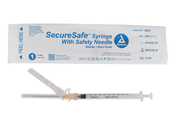SecureSafe™ Syringe with Safety Needle - 1cc - 25G, 1 1/2