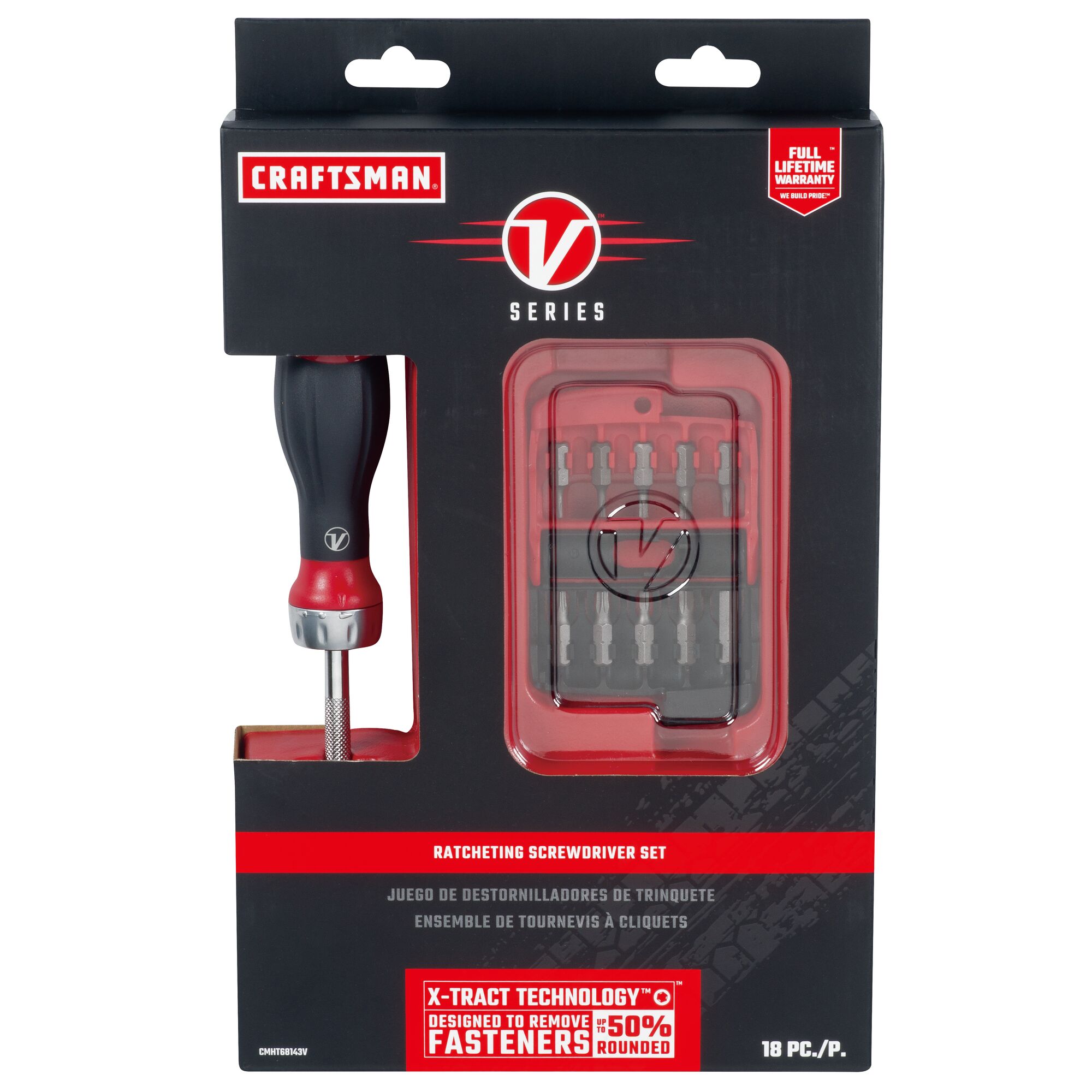 V Series 18 piece Ratcheting ScrewDriver X Tract Technology Bit Set in card box packaging.