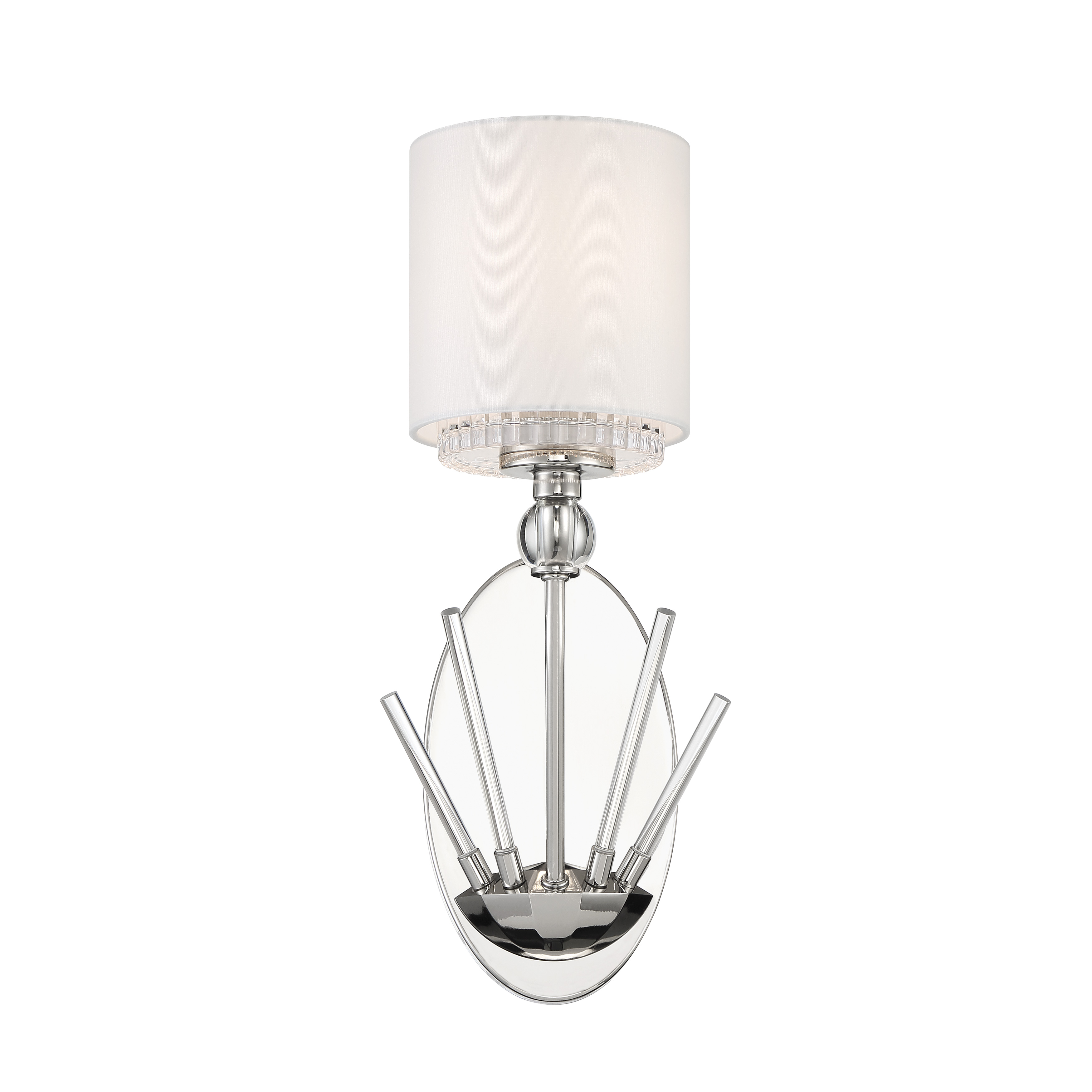 The Sutton sconce by Robin Baron combines classic elegance with refined materials. Polished nickel finish paired with white silk fabric and ribbed glass creates sophisticated ambient lighting perfect for traditional and transitional interiors. - alternate view