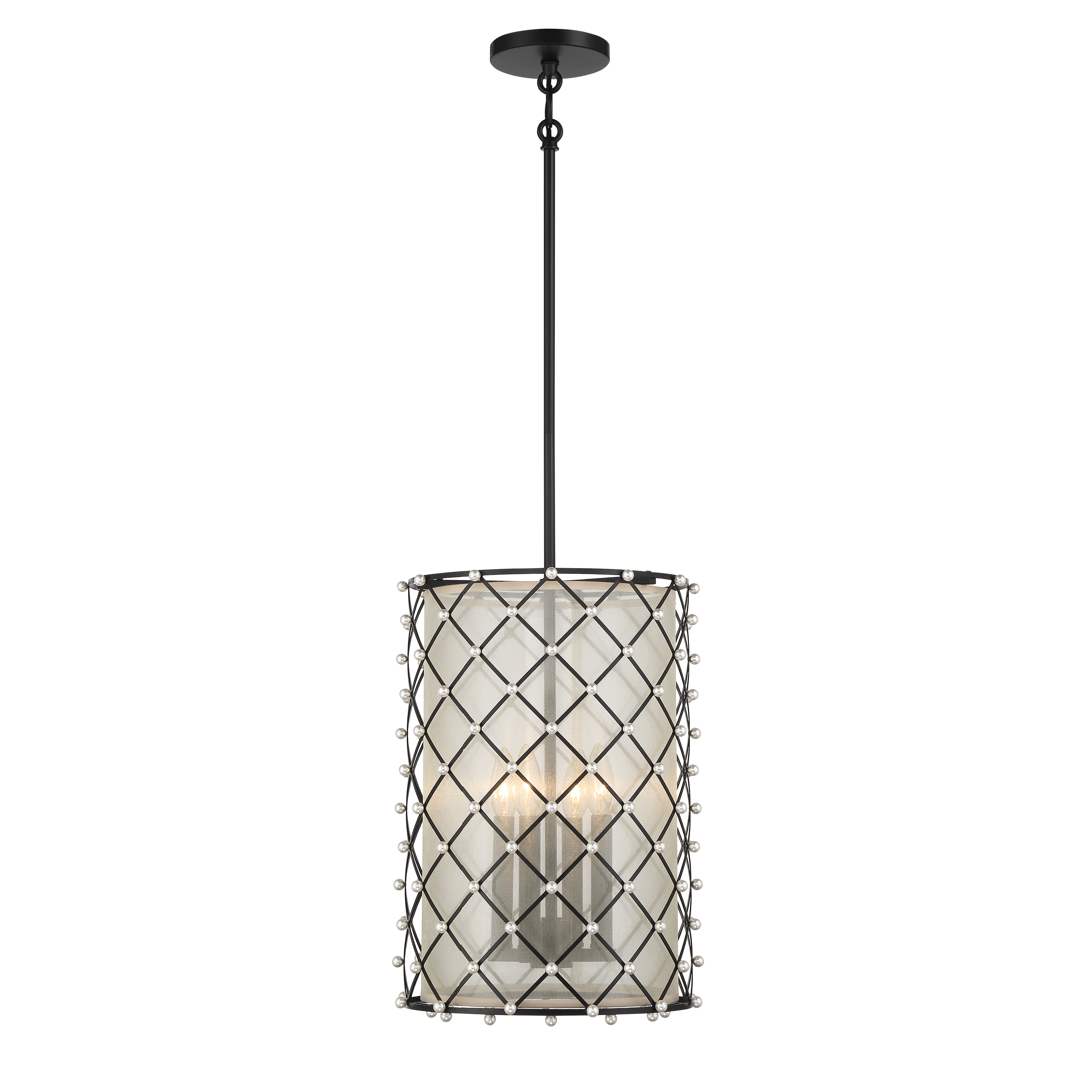 The Sheer Elegance pendant combines bold coal black finish with luxurious gold organza fabric to create a statement piece that's both dramatic and refined. Four candelabra bulbs provide warm ambient lighting through the translucent shade. - alternate view