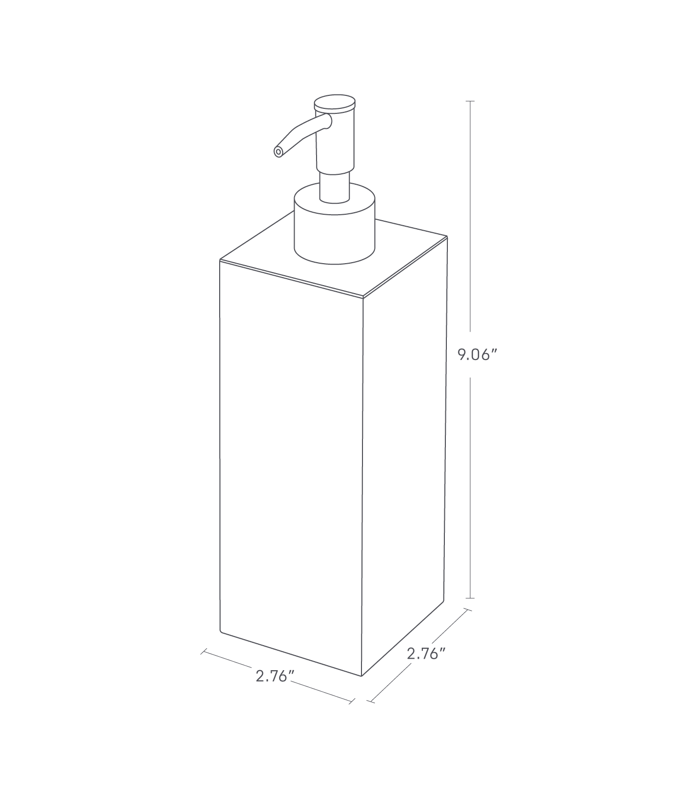 Dimension image for Square Dispenser showing length of 2.76", width of 2.76" and height of 9.06"