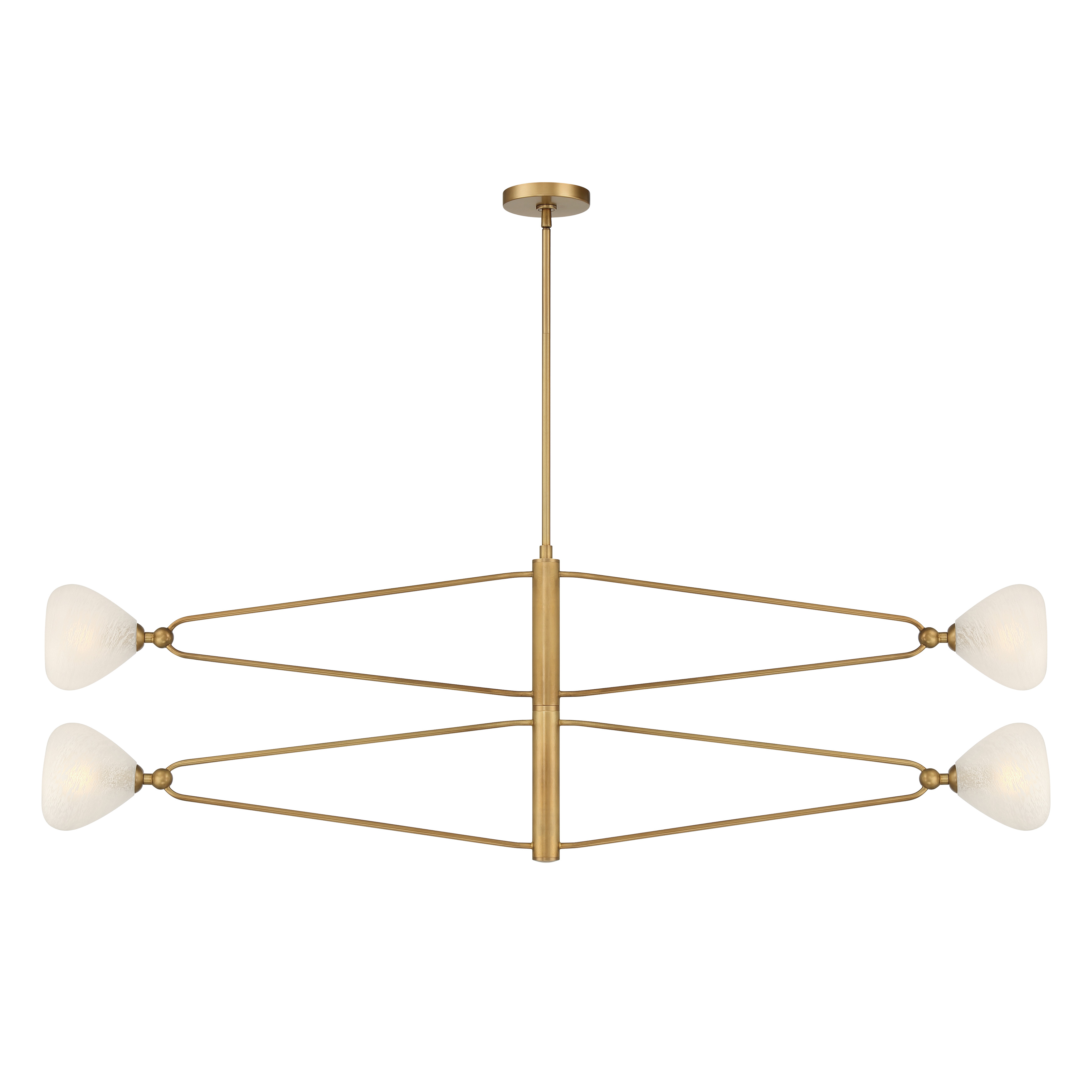 The Orion 53" chandelier makes a bold statement with its expansive linear design and warm Legacy Brass finish. Four etched alabaster glass shades provide soft, diffused light ideal for dining and entertaining spaces. - alternate view