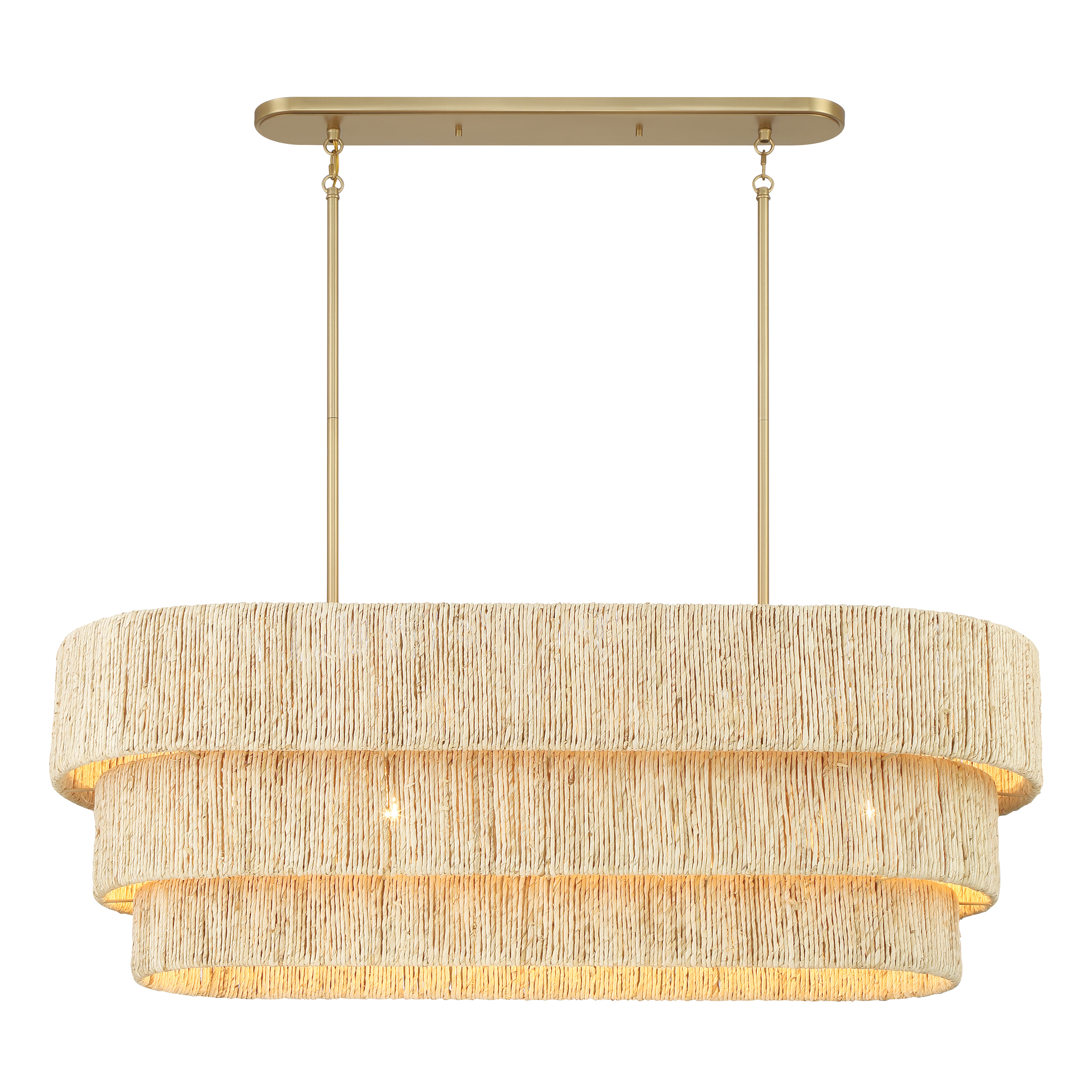 The Caviana brings natural texture and warm brass tones to kitchen islands and dining spaces. Five lights wrapped in handwoven abaca shades create inviting ambient light while the 48-inch linear profile provides excellent task lighting coverage. - alternate view