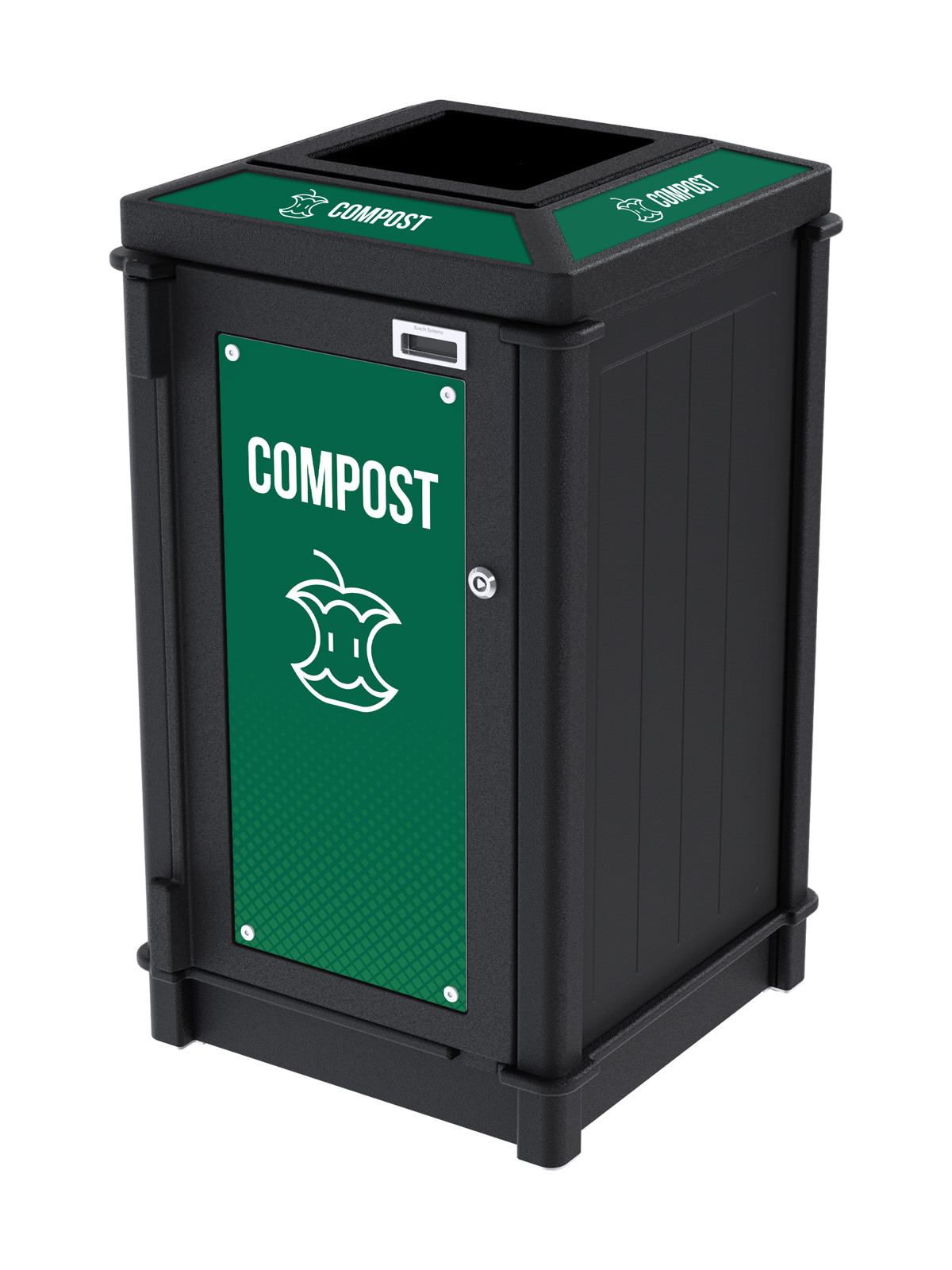 black recycled plastic waste container with top opening lid for collecting compost with high impact signs and labels