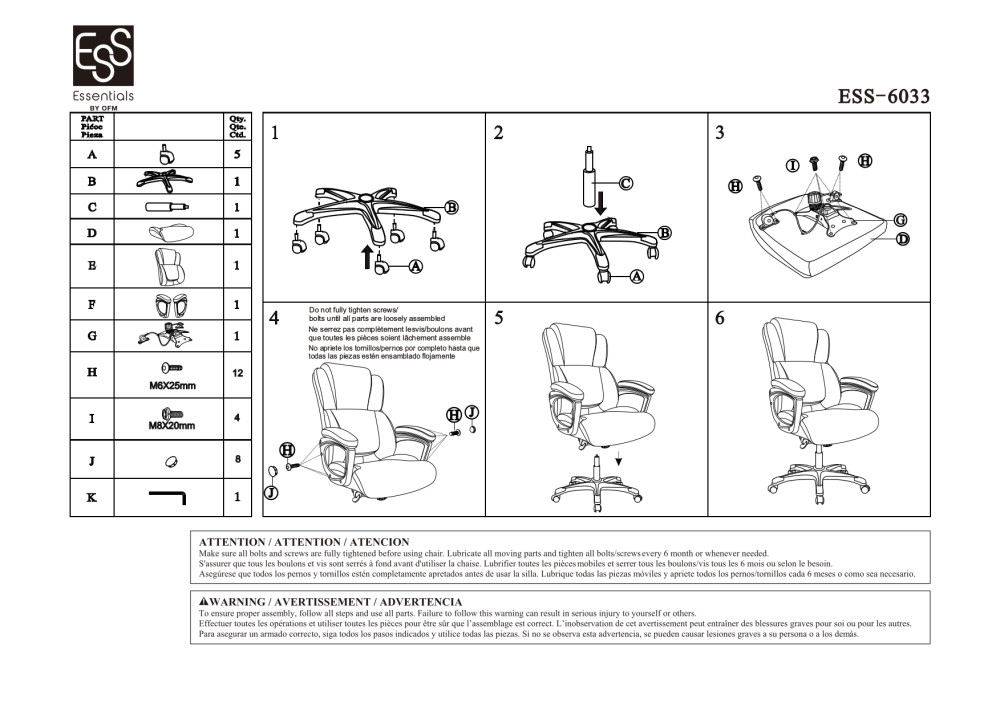 OFM Essentials Series Ergonomic Executive Bonded Leather Office Chair, in Black (ESS6033BLK