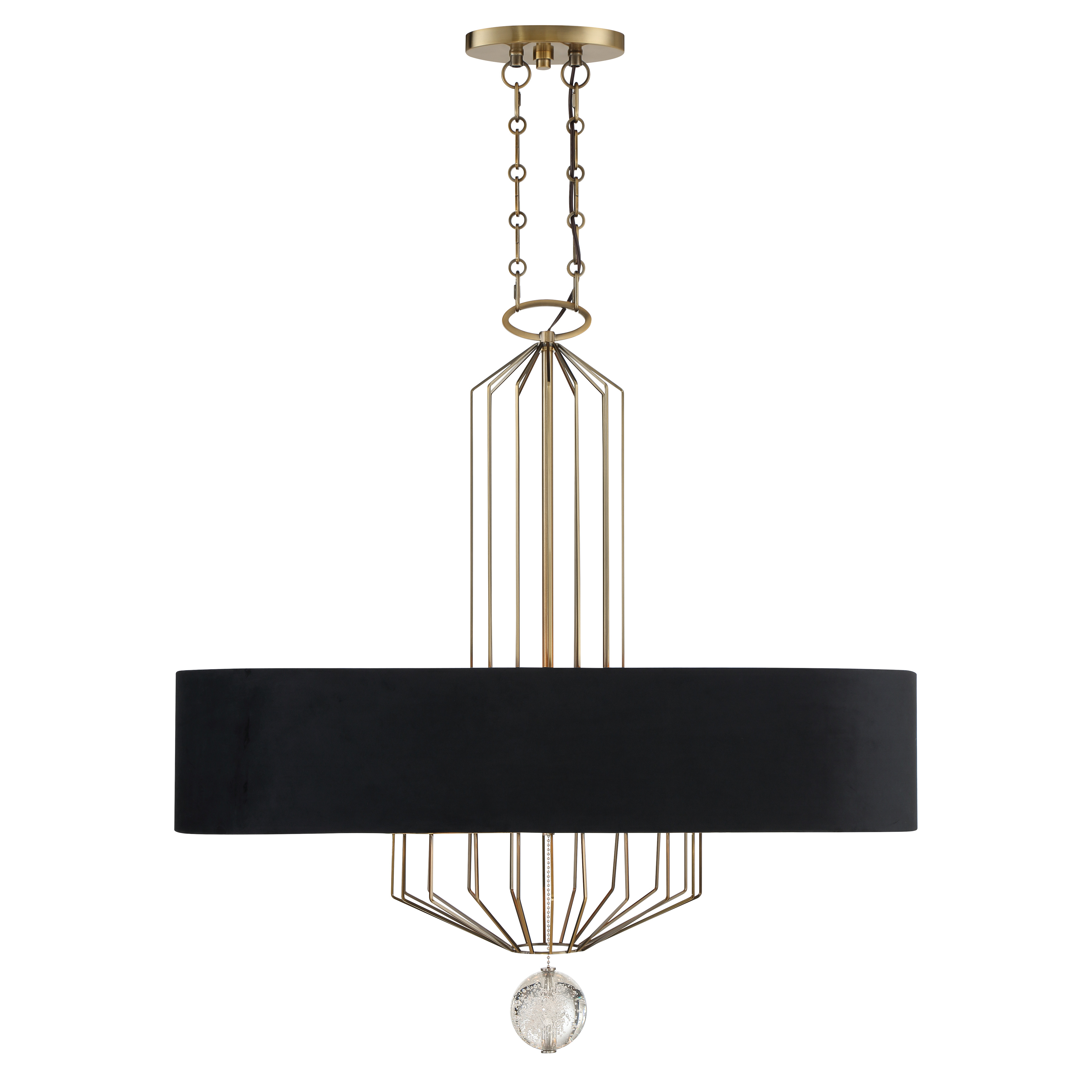 The Grandeur brings sophisticated traditional elegance to kitchen islands and dining spaces with its linear 8-light design. Aged antique brass finish pairs beautifully with sumptuous onyx velvet shades and crystal accents for a refined, upscale look. - alternate view