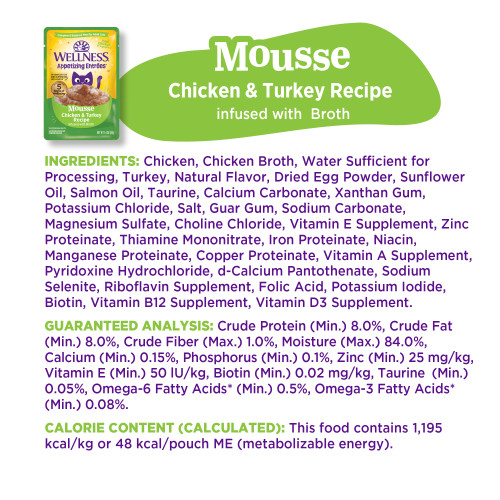 <p>Chicken, Chicken Broth, Water Sufficient for Processing, Turkey, Natural Flavor, Dried Egg Powder, Sunflower Oil, Salmon Oil, Taurine, Calcium Carbonate, Xanthan Gum, Potassium Chloride, Salt, Guar Gum, Sodium Carbonate, Magnesium Sulfate, Choline Chloride, Vitamin E Supplement, Zinc Proteinate, Thiamine Mononitrate, Iron Proteinate, Niacin, Manganese Proteinate, Copper Proteinate, Vitamin A Supplement, Pyridoxine Hydrochloride, d-Calcium Pantothenate, Sodium Selenite, Riboflavin Supplement, Folic Acid, Potassium Iodide, Biotin, Vitamin B12 Supplement, Vitamin D3 Supplement.</p>
