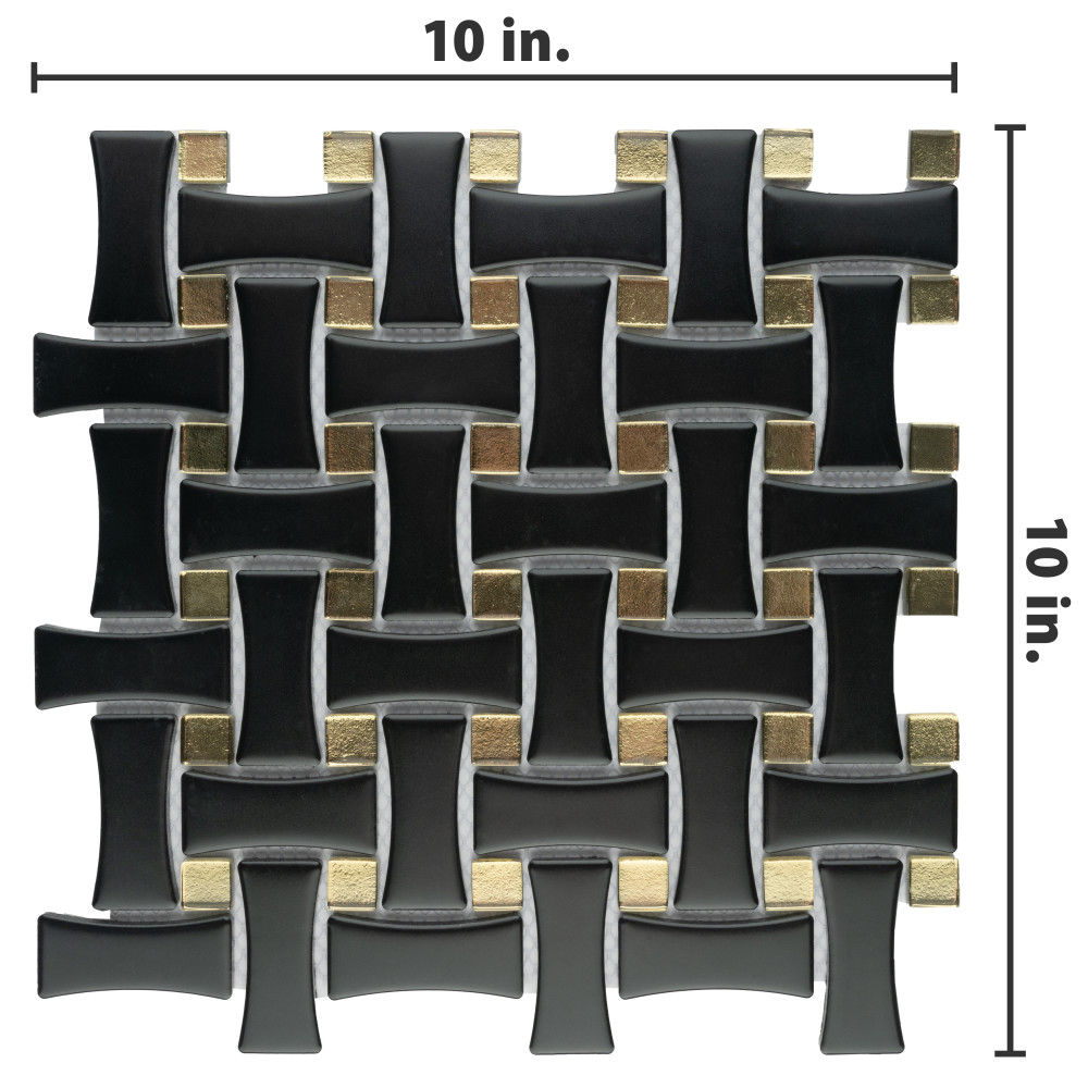 Sample – Metro Dog Bone Basketweave Matte Black w/Glass Gold Dot Porcelain Mosaic Tile
