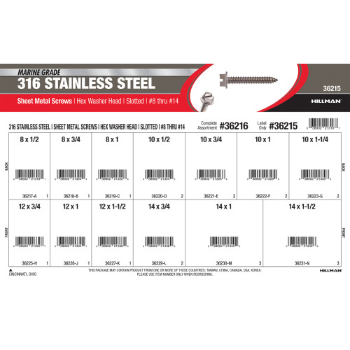 316 Stainless Steel Hex Washer Head Slotted Sheet Metal Screws Assortment (#8 thru #14)
