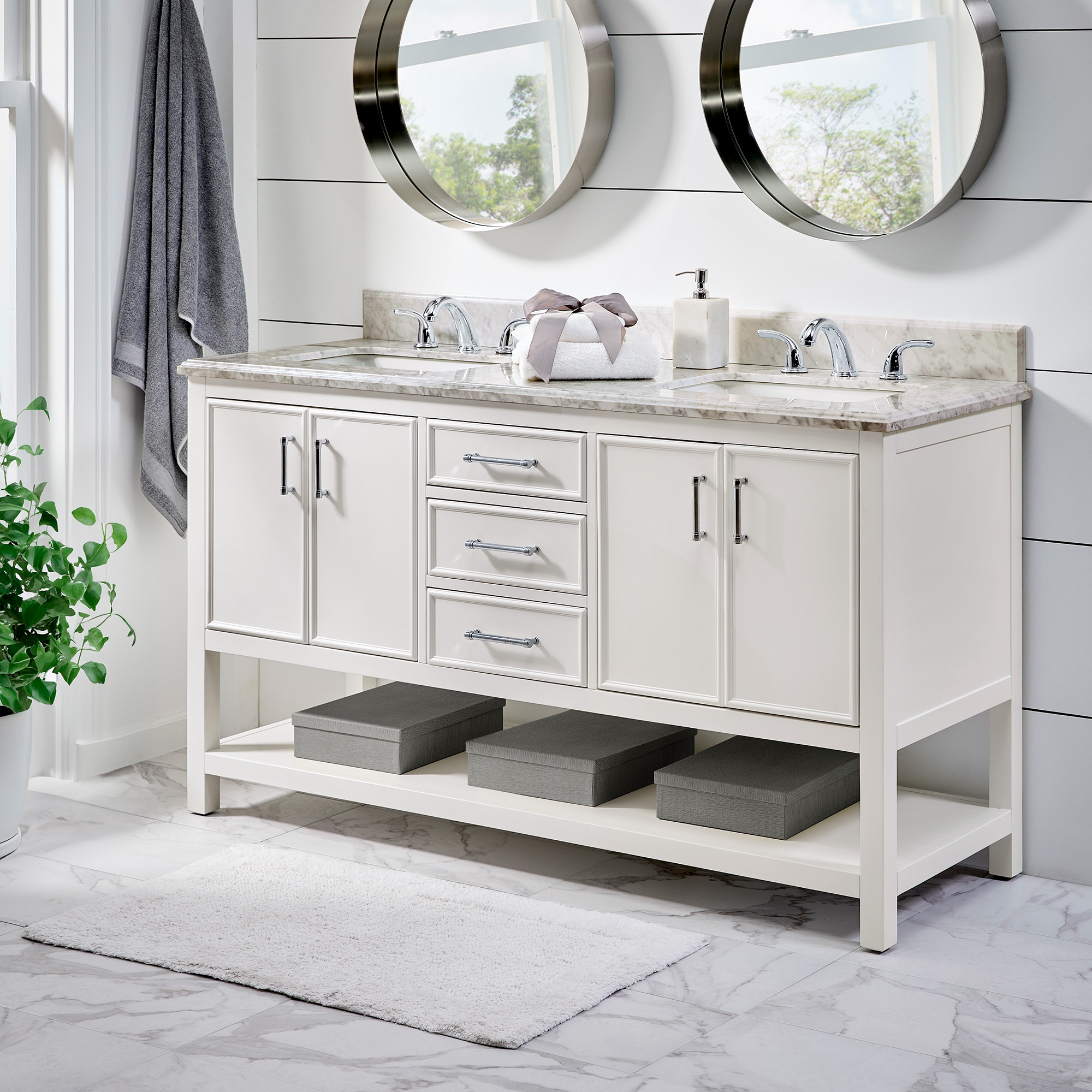 Bathroom Sink Vanity with White Marble Veneer Stone Top