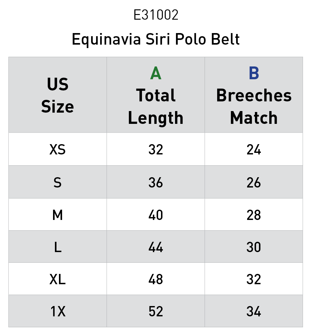 Size chart for Equinavia Siri Polo Belt - Black/Gray