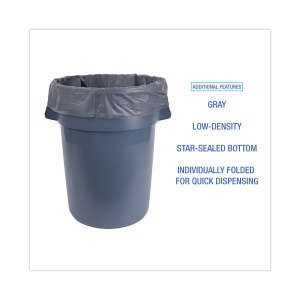 Boardwalk,  LLDPE Liner, 45 gal Capacity, 40 in Wide, 46 in High, 1.1 Mils Thick, Gray