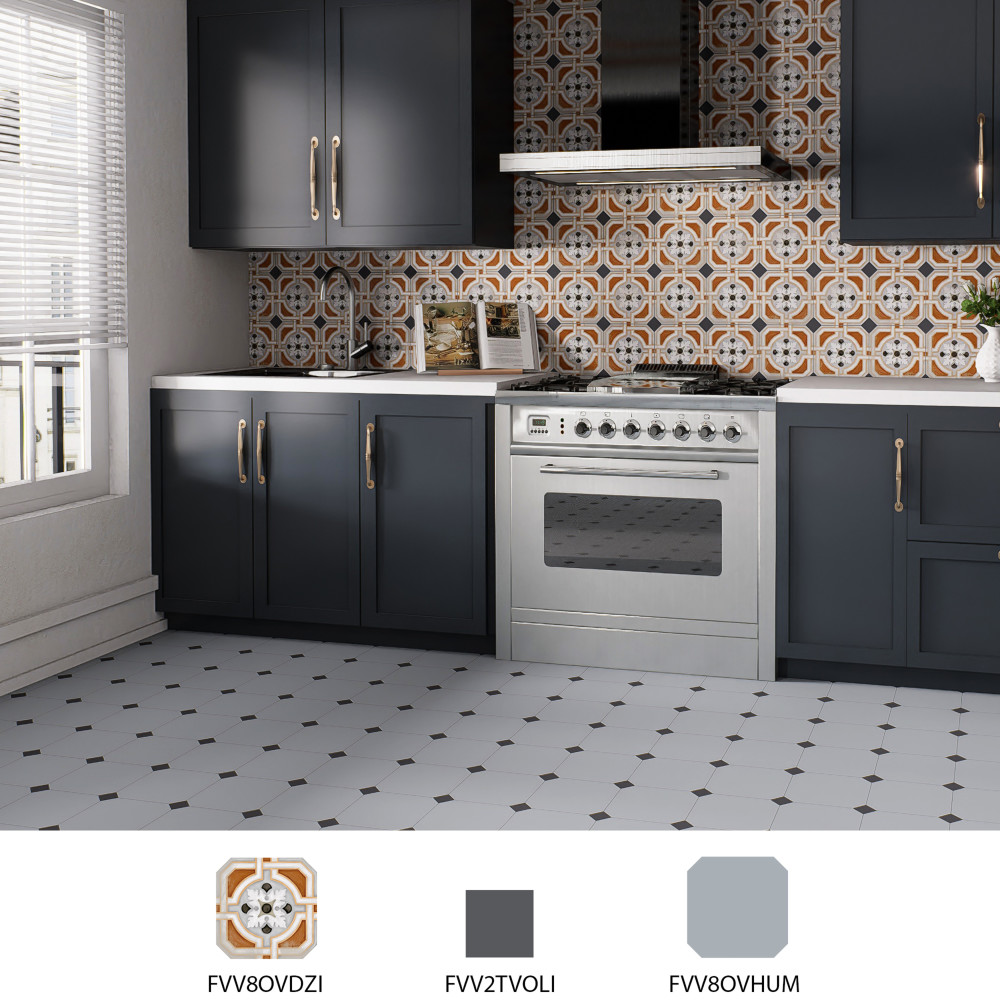 Vaudeville Octagon Deco Zimer with Taco Antracita 7-7/8 in. x 7-7/8 in. Porcelain Floor and Wall Tile
