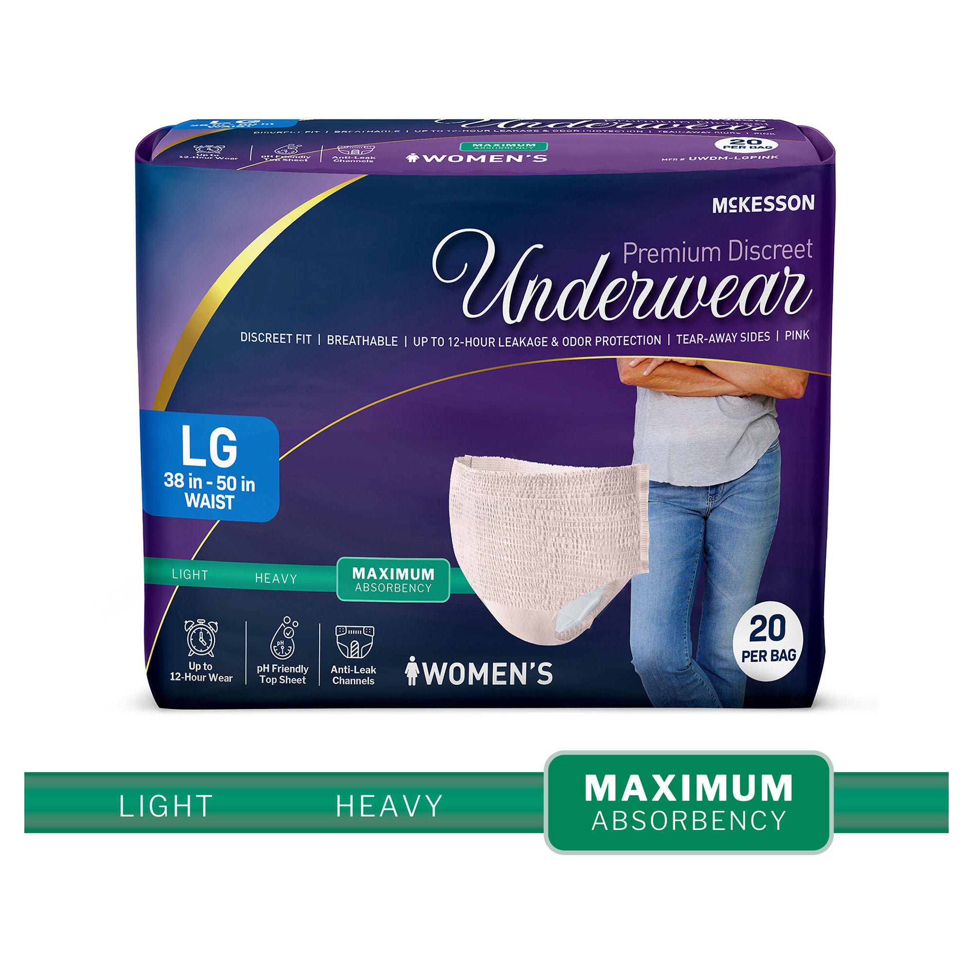 McKesson Premium Discreet Underwear for Women, Maximum Absorbency, Large