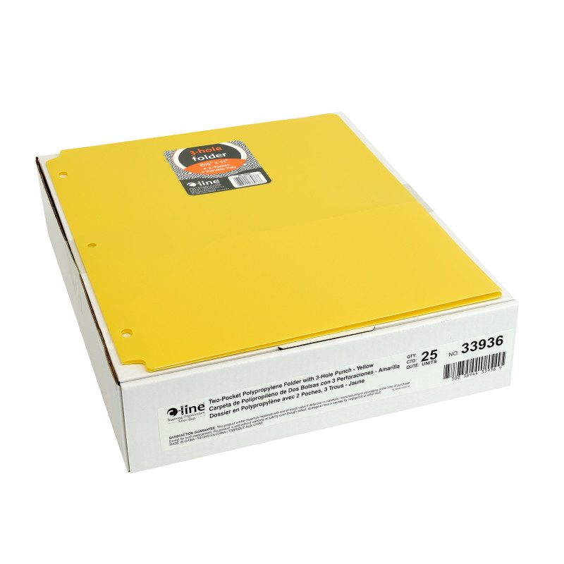 Two-Pocket Heavyweight Poly Portfolio Folder with Three-Hole Punch, Yellow, Pack of 25
