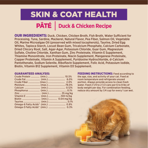 <p>Duck, Chicken, Chicken Broth, Fish Broth, Water Sufficient for Processing, Tuna, Sardine, Mackerel, Natural Flavor, Pea Fiber, Salmon Oil, Vegetable Oil, Marine Microalgae Oil (preserved with mixed tocopherols), Taurine, Dried Egg Whites, Tapioca Starch, Locust Bean Gum, Tricalcium Phosphate, Calcium Carbonate, Dried Chicory Root, Salt, Agar-Agar, Potassium Chloride, Guar Gum, Magnesium Sulfate, Choline Chloride, Xanthan Gum, Zinc Proteinate, Vitamin E Supplement, Thiamine Mononitrate, Iron Proteinate, Niacin Supplement, Manganese Proteinate, Copper Proteinate, Vitamin A Supplement, Pyridoxine Hydrochloride, d-Calcium Pantothenate, Sodium Selenite, Riboflavin Supplement, Folic Acid, Potassium Iodide, Biotin, Vitamin B12 Supplement, Vitamin D3 Supplement.</p>
