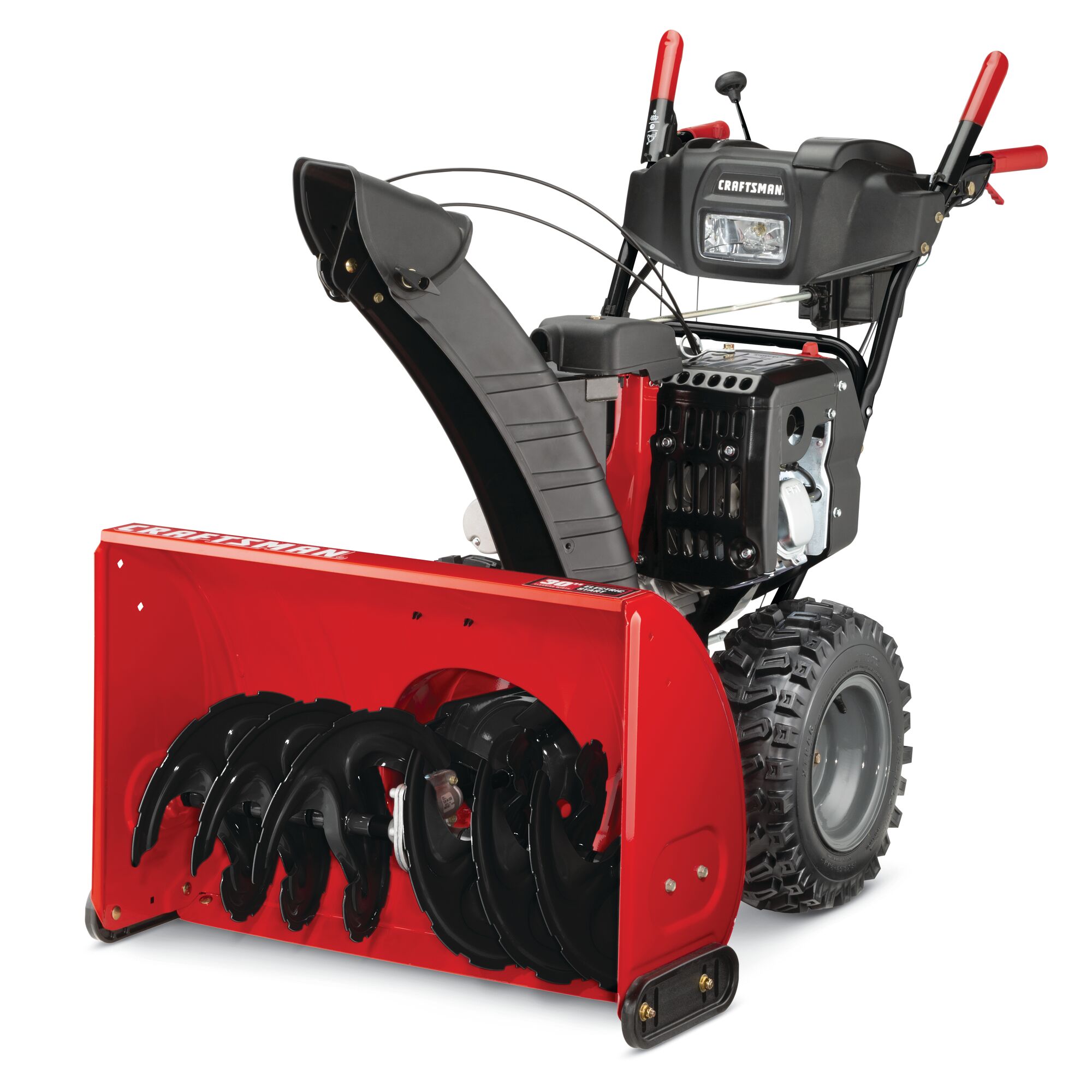 Profile of 30 inch 357 CC electric start two stage snow blower.