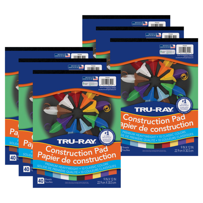 Construction Paper Pad, Heavyweight, 10 Classic Colors, 9" x 12", 40 Sheets, Pack of 6