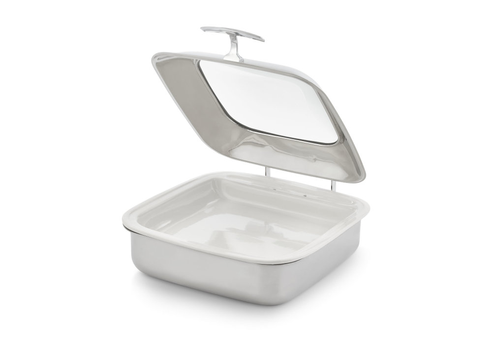 6-quart Intrigue® glass-top square stainless steel induction chafer with porcelain food pan