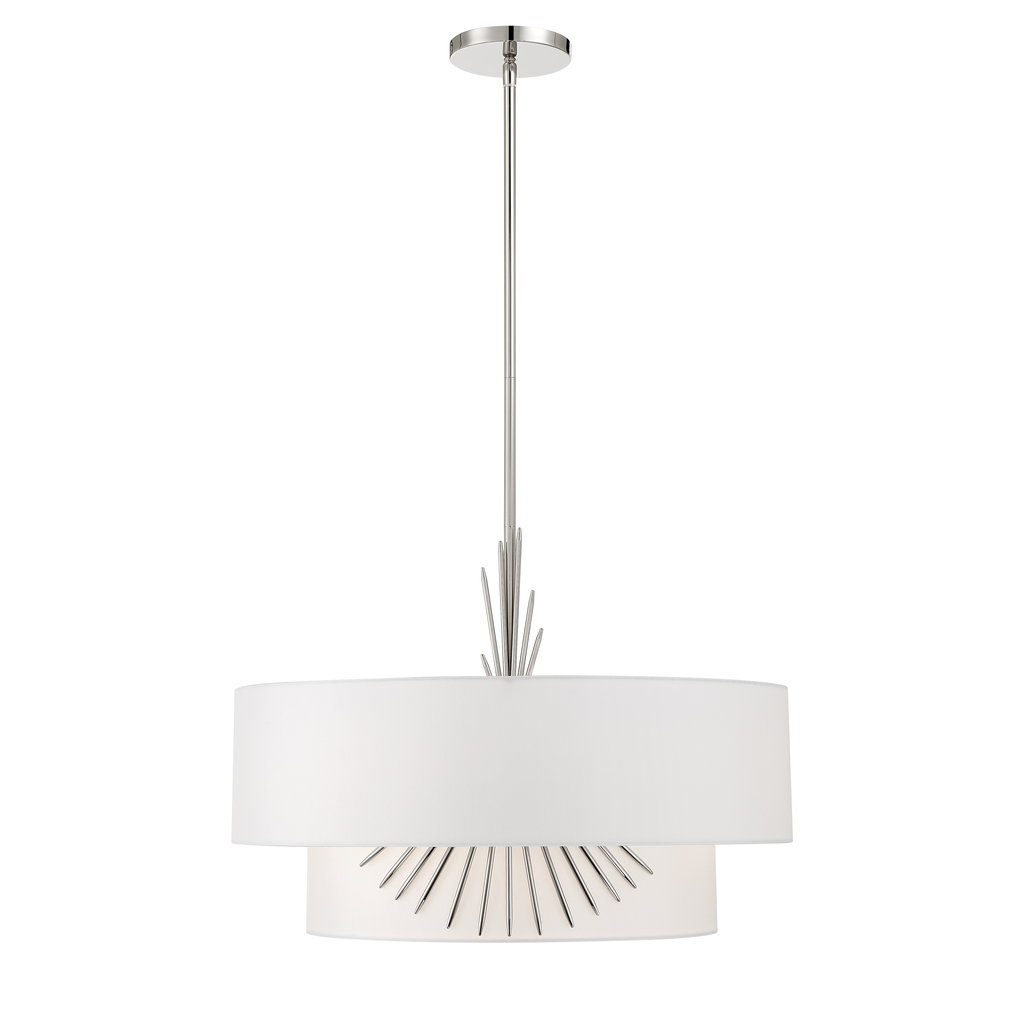The Gramercy pendant by renowned designer Robin Baron combines sophisticated simplicity with refined materials. Its polished nickel frame and white silk shade create a soft, diffused glow perfect for intimate dining or bedroom settings. - alternate view