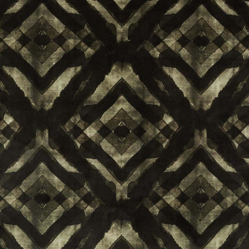 Dark textile with repeating diamond-and-chevron motif, watercolor-like black and olive strokes forming mirrored geometric shapes; displayed flat under even lighting, close-up view with no visible surroundings.