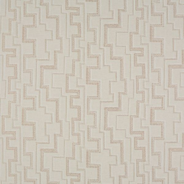 Beige woven fabric sample, flat and evenly lit, featuring repeating stepped‑cross embroidery in slightly darker thread; textured surface suggests use as upholstery or wallpaper in a neutral interior.