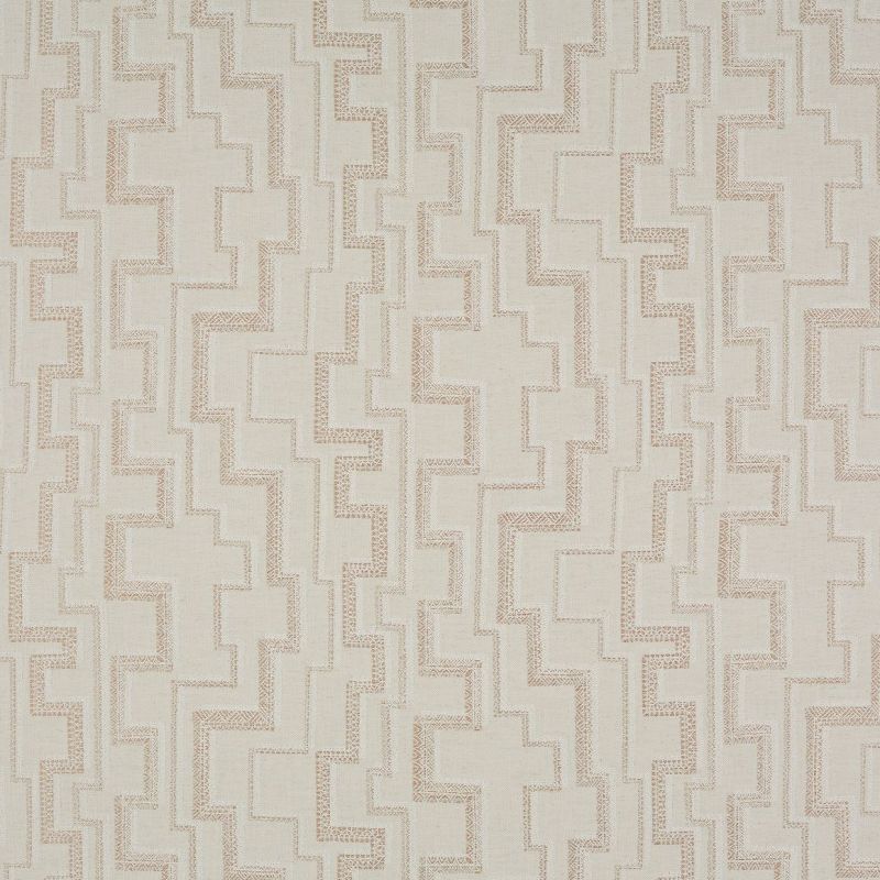 Beige woven fabric sample, flat and evenly lit, featuring repeating steppedâ€‘cross embroidery in slightly darker thread; textured surface suggests use as upholstery or wallpaper in a neutral interior.