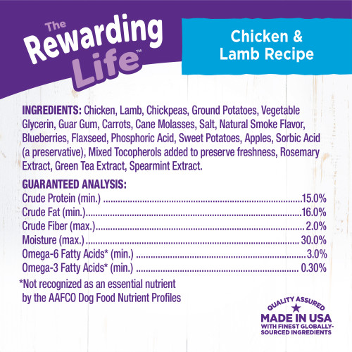 <p>Chicken, Lamb, Chickpeas, Ground Potatoes, Vegetable Glycerin, Guar Gum, Carrots, Cane Molasses, Salt, Natural Smoke Flavor, Blueberries, Flaxseed, Phosphoric Acid, Sweet Potatoes, Apples, Sorbic Acid (a preservative), Mixed Tocopherols added to preserve freshness, Rosemary Extract, Green Tea Extract, Spearmint Extract.</p>

