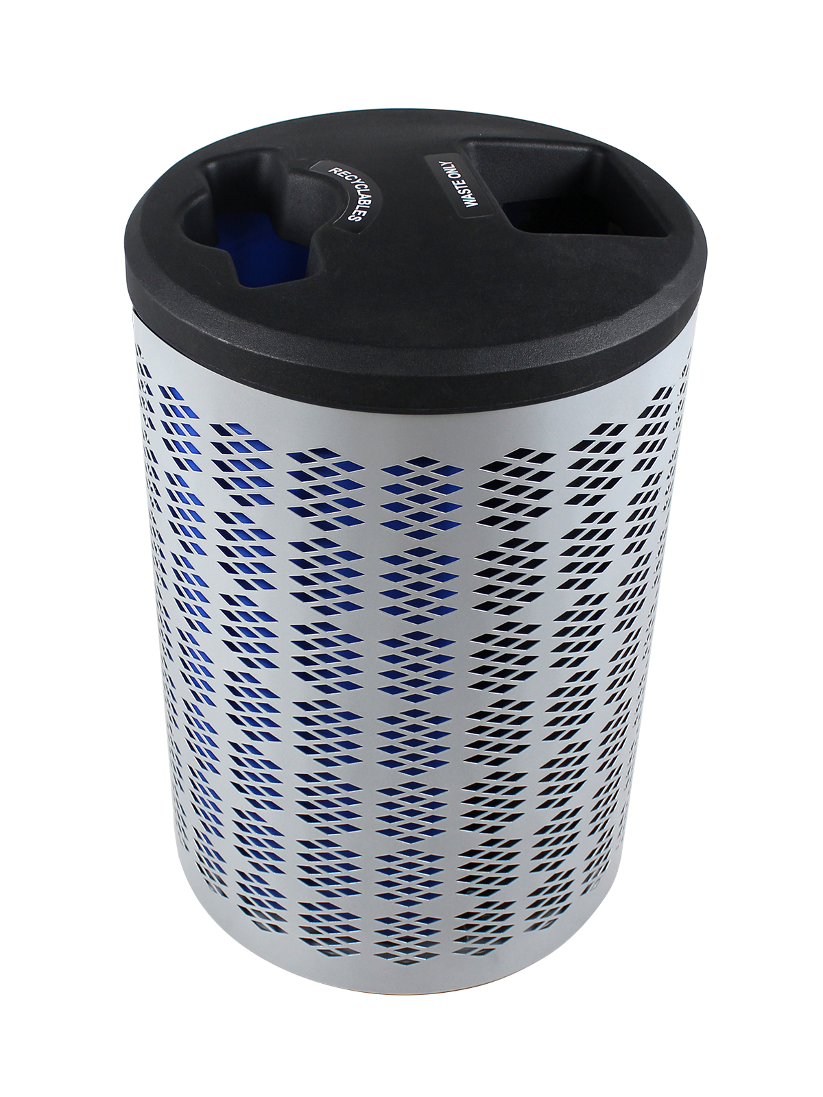 Busch Systems double stream Berkeley waste container with black lid and labels