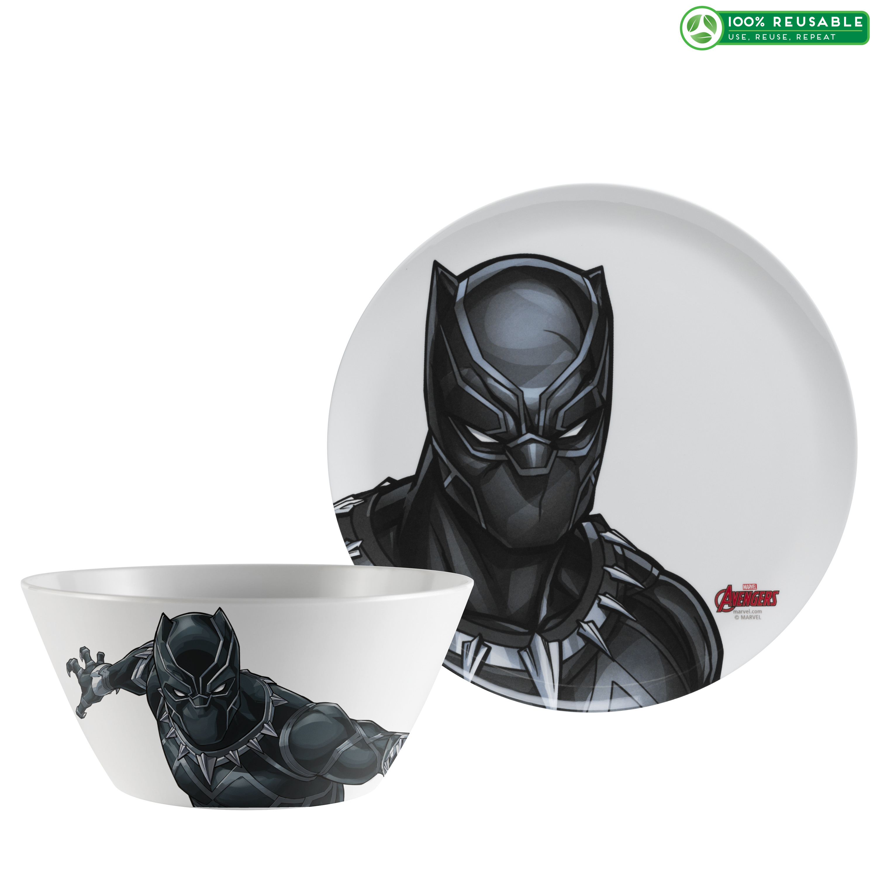 Marvel Comics Dinnerware Set, Black Panther & The Avengers, 2-piece set slideshow image 1 Marvel Comics Dinnerware Set, Black Panther & The Avengers, 2-piece set slideshow image 1