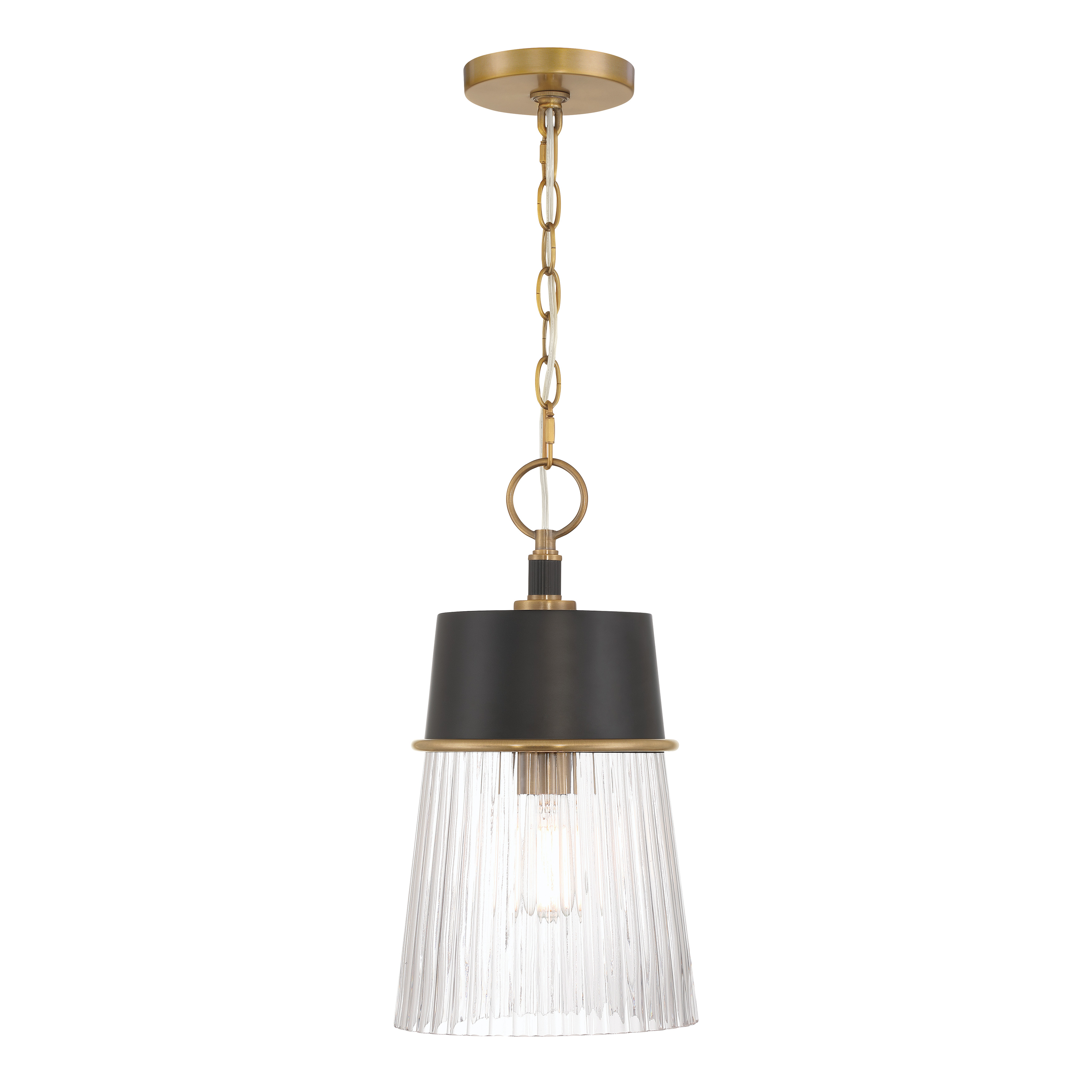 The Stamford 9" pendant combines dark matte black with legacy brass accents and clear ribbed glass for a refined transitional look. Its compact 9" width makes it perfect for smaller spaces or grouped installations over kitchen islands. - alternate view