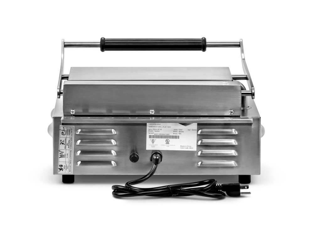 120-volt single panini sandwich grill with cast-iron flat plates and NEMA 5-15P Plug