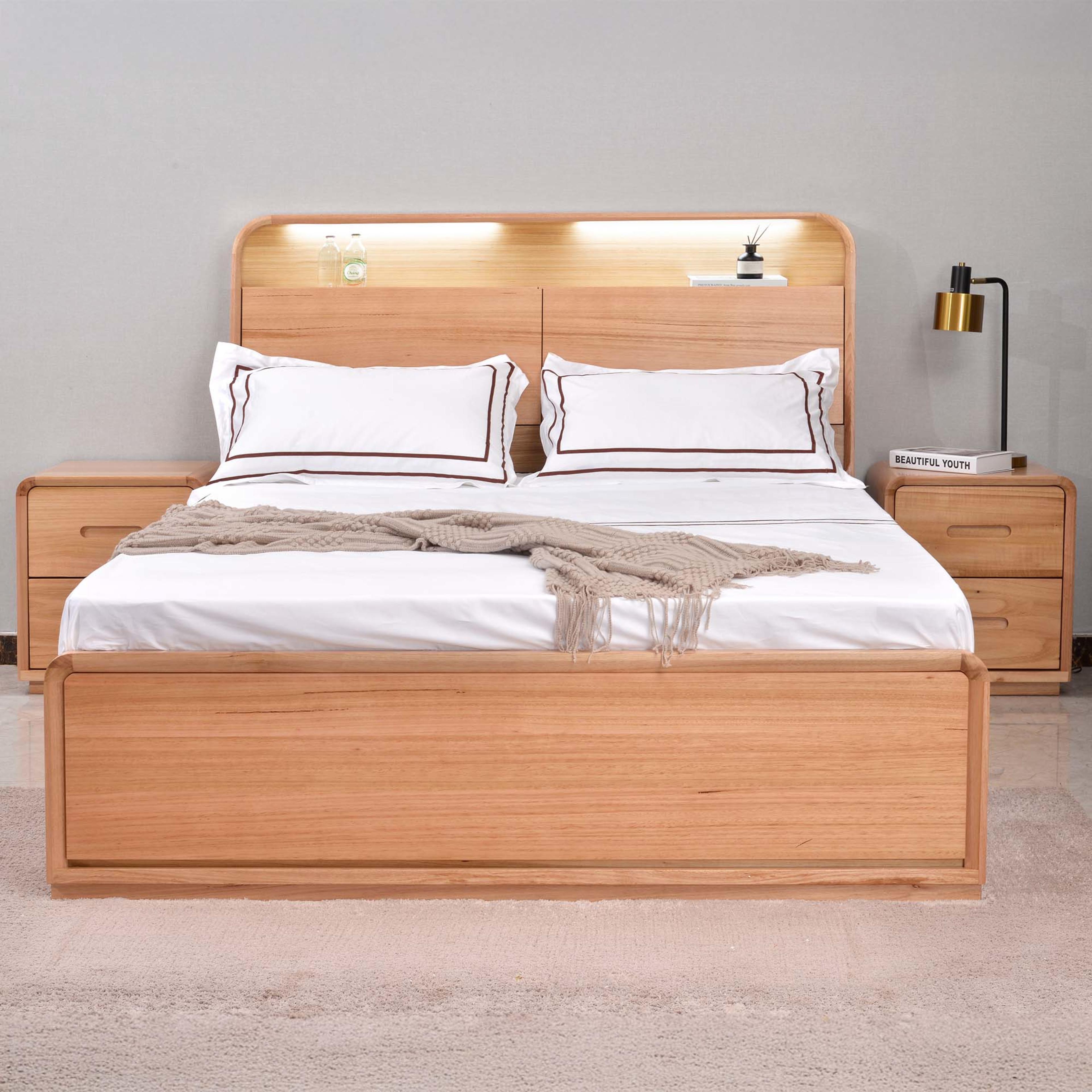 Lifestyle image of the  Valentine Bed Frame, W/ Bookend Headboard & Gas Lift Base, Natural from Forty Winks
