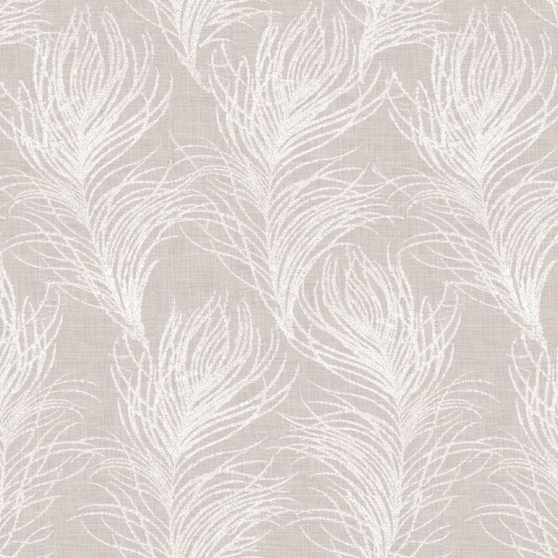 White stylized feather motifs repeating in vertical rows, printed across a beige, linen-textured surface, forming a soft, neutral wallpaper or fabric pattern under even, flat lighting.