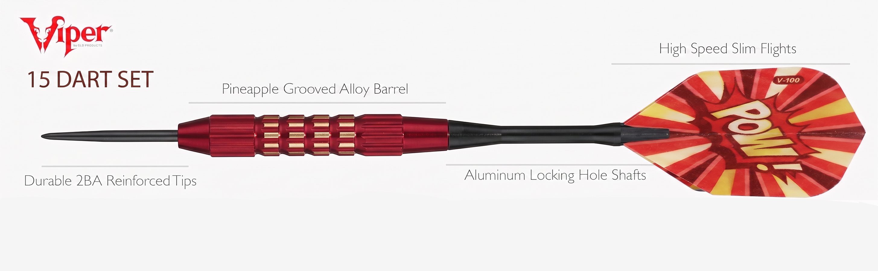 Diagram of dart with tempered steel points, grooved blue barrel, and blue flight with 'BAM!' text