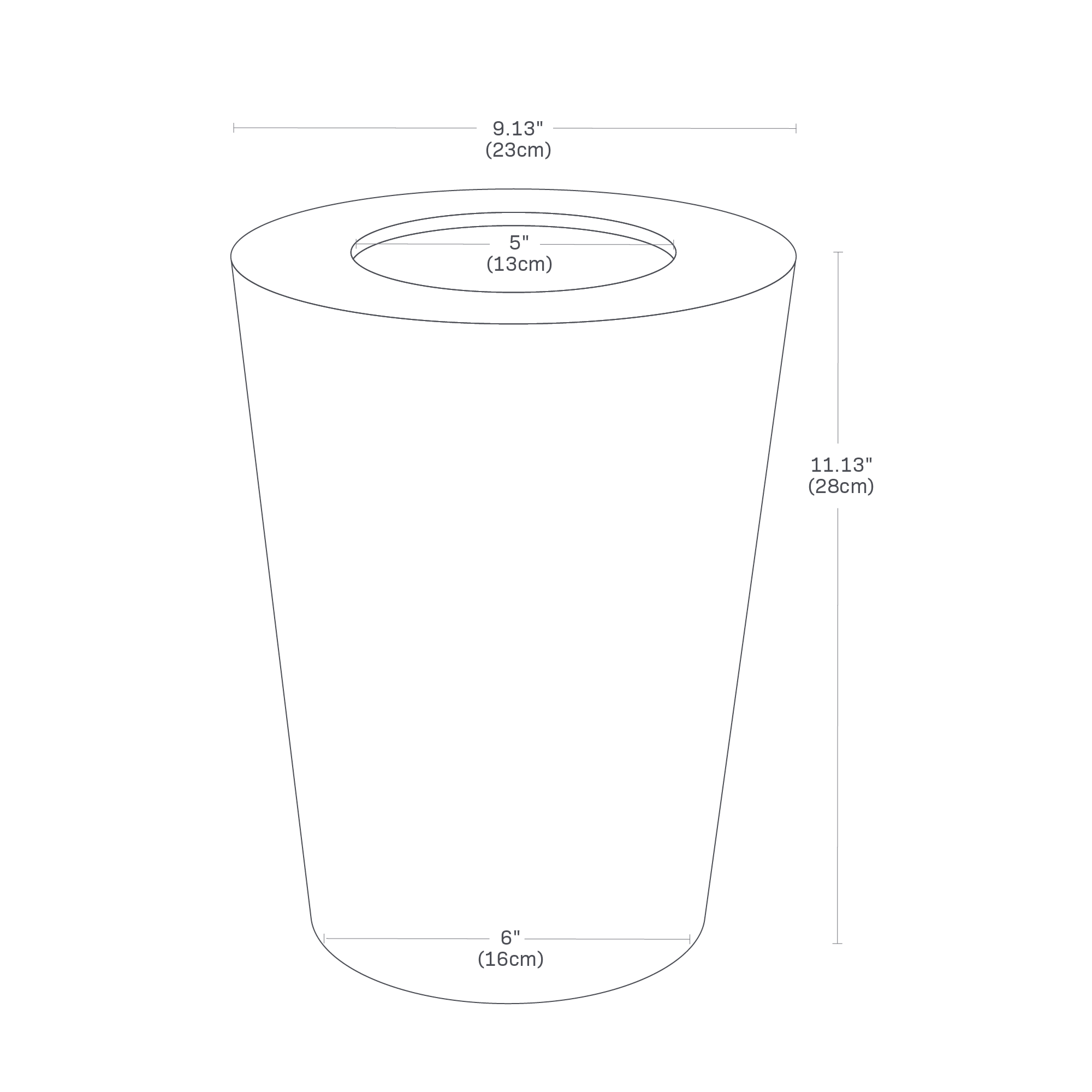 Dimension image for Trash Can - Round showing a bottom diameter of 6 inches and upper diameter of 9.125 inches. Inner diameter of 5 inches. Height of 11.125 inches.