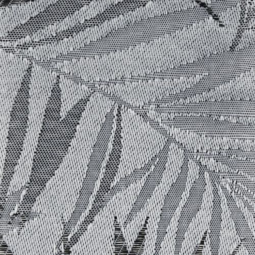 Sheer woven curtain panel hung over a window, showing stylized palm-leaf jacquard in light and dark threads; backlit close-up revealing textured, neutral-toned fabric.