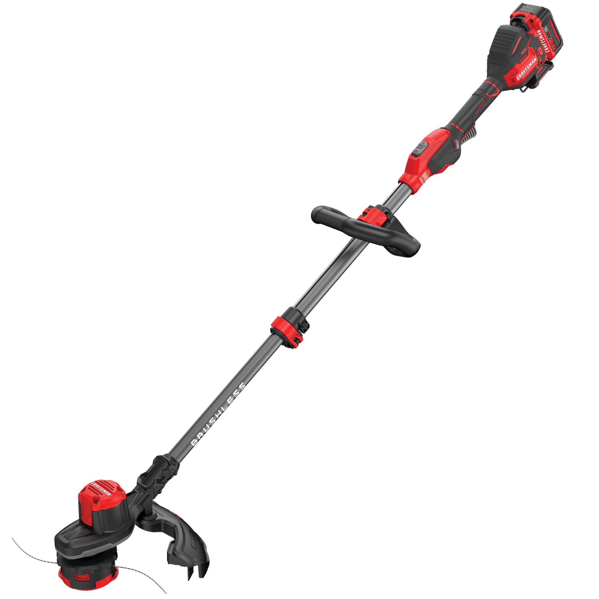 Left profile of 20 volt weedwacker 13 inch brushless cordless string trimmer with quickwind 4.0 ampere per hour.