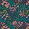 Navy textile patterned with repeating stylized floral motifs (pink, teal, green, olive) covers the surface, forming a dense, flat botanical print with no visible room or lighting context.