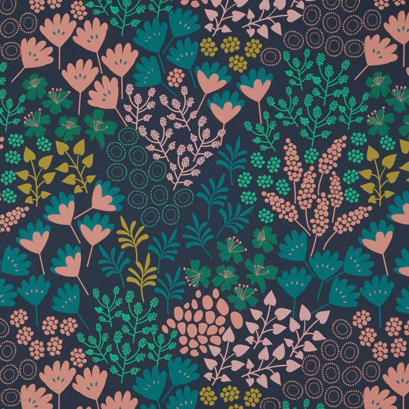 Navy textile patterned with repeating stylized floral motifs (pink, teal, green, olive) covers the surface, forming a dense, flat botanical print with no visible room or lighting context.