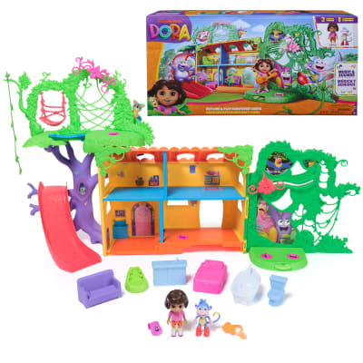 Dora, Coffret Maison de la forêt tropicale, figurines Dora et Babouche, meubles pour maison de poupée, répliques bilingues, jouets pour filles et garçons, à partir de 3 ans