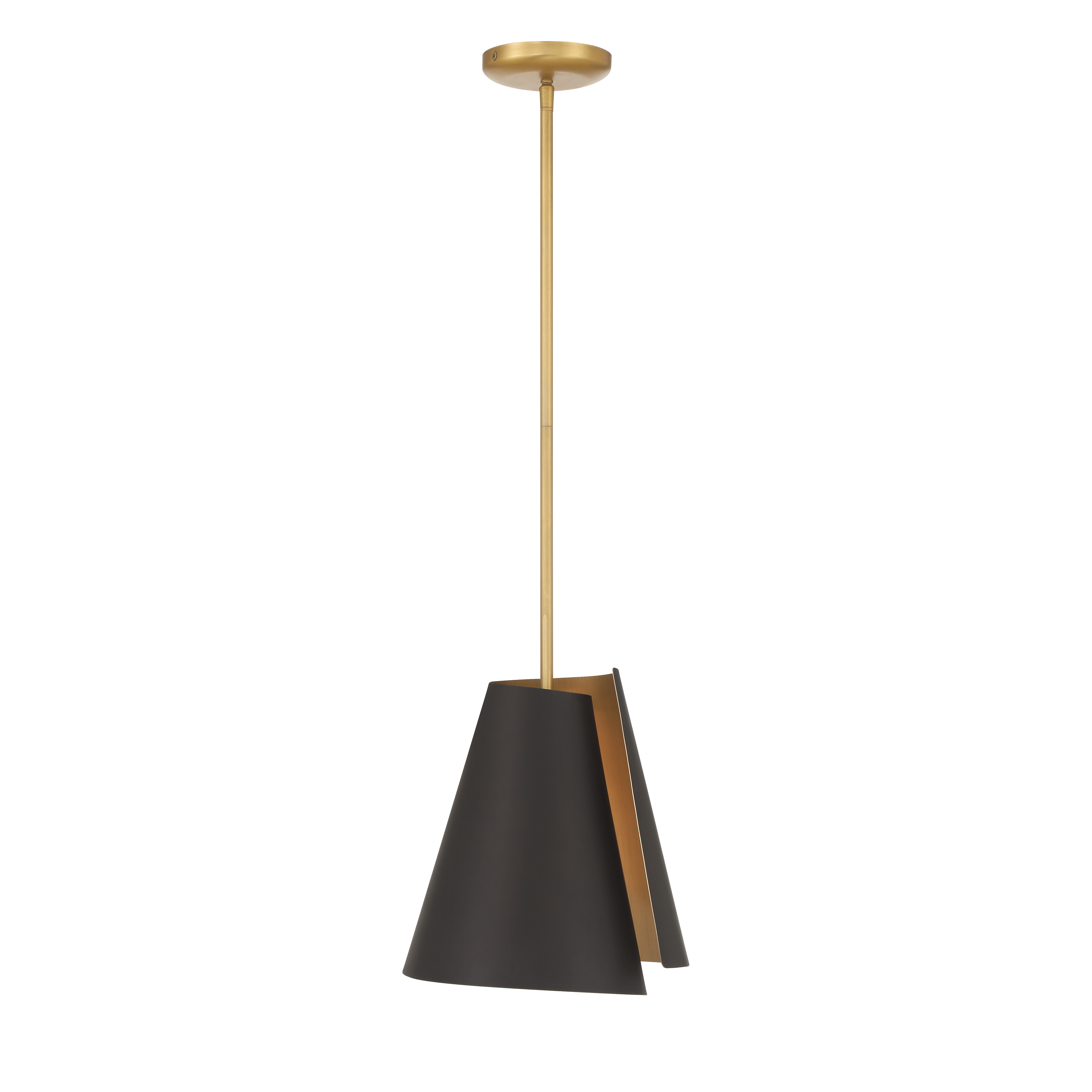 The Hillcrest pendant combines dark bronze and legacy brass finishes in a compact 12-inch design. Perfect for smaller spaces, this transitional fixture offers versatile styling with industrial undertones and dimmable functionality. - alternate view