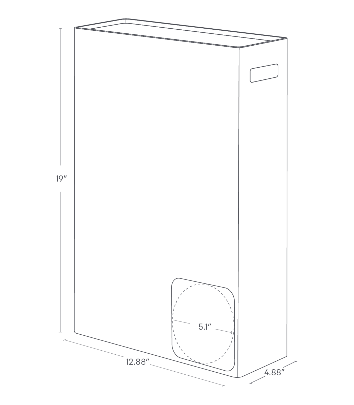 Dimension image for Toilet Paper Stocker showing container height of 19 inches, length of 4.88 inches, width of 12.88 inches, and opening diameter of 5.1 inches.