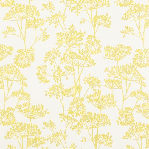 Yellow botanical-patterned wallpaper: delicate umbrella-shaped flower silhouettes repeating across a white background, covering a wall and lending a bright, airy, nature-inspired dÃ©cor to an interior space.