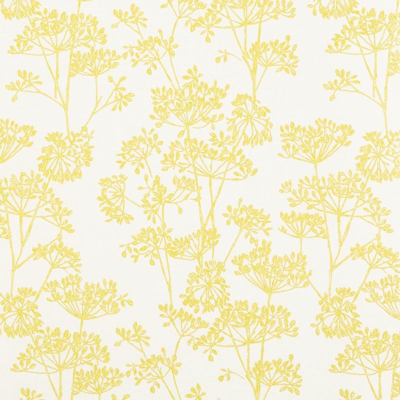 Yellow botanical-patterned wallpaper: delicate umbrella-shaped flower silhouettes repeating across a white background, covering a wall and lending a bright, airy, nature-inspired dÃ©cor to an interior space.