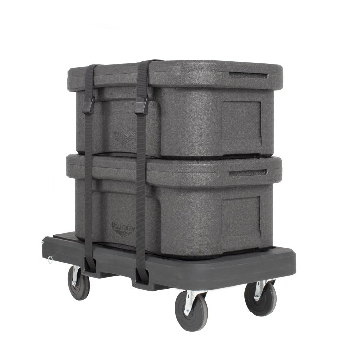 Flatbed utility dolly in dark gray with 5” casters and straps