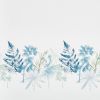 Watercolor botanical border of blue and green ferns, leaves, and flowers lining the lower edge, overlapping translucent shapes that subtly fade into a bright white background.