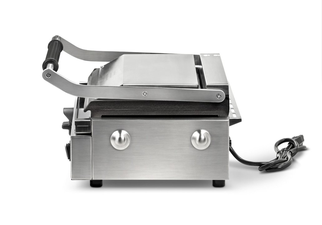 120-volt single panini sandwich grill with cast-iron flat plates and NEMA 5-20P Plug